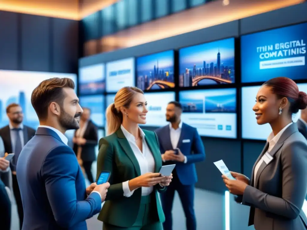 Profesionales de la logística intercambian ideas en evento de networking, rodeados de tecnología e innovación