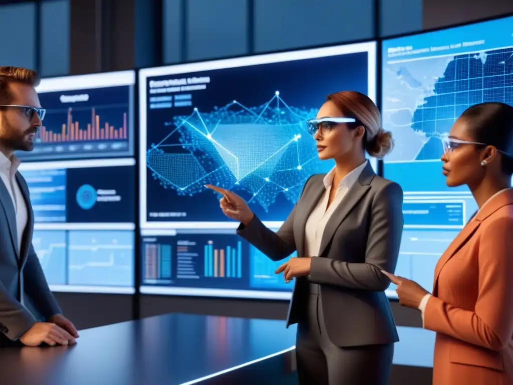 Control logístico del futuro: innovación en red Profesionales de logística innovando en una sala de control futurista con modelos de negocio logístico innovadores