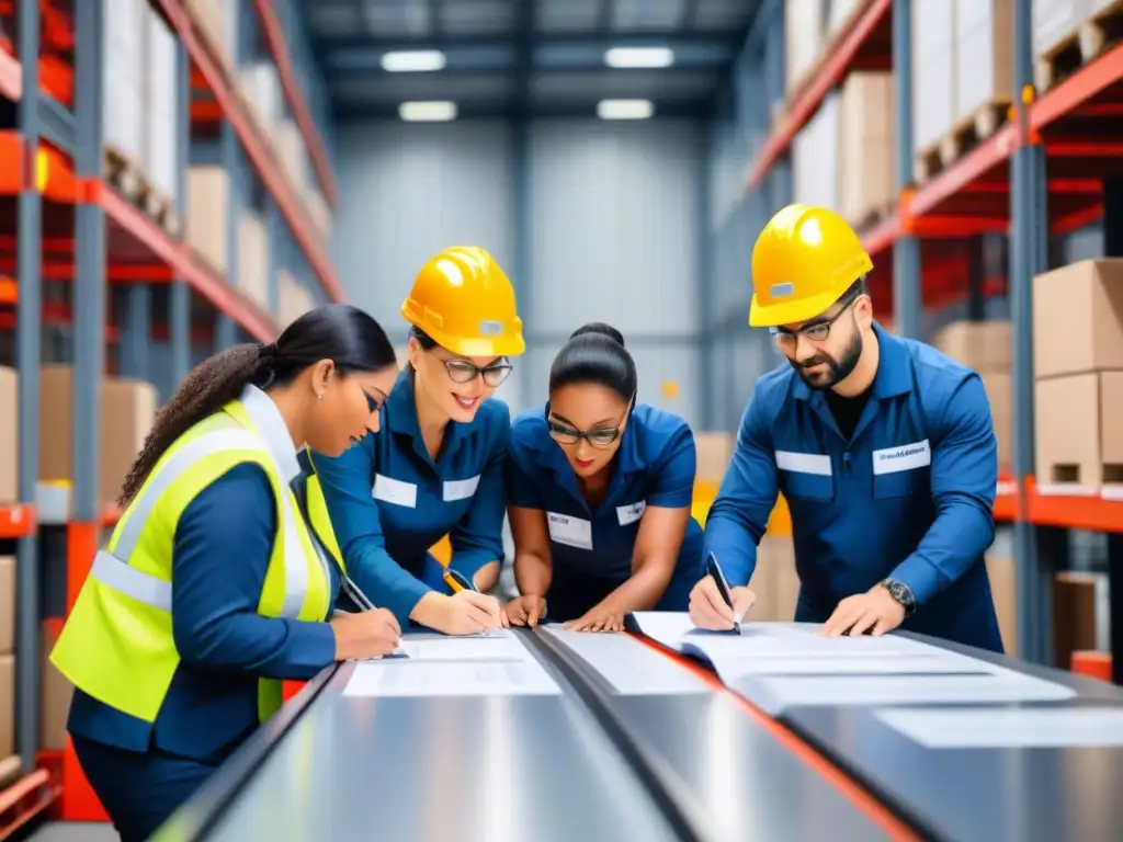 Diversos profesionales de logística en un taller colaborativo, enfocados en resolver un desafío de cadena de suministro en un almacén moderno