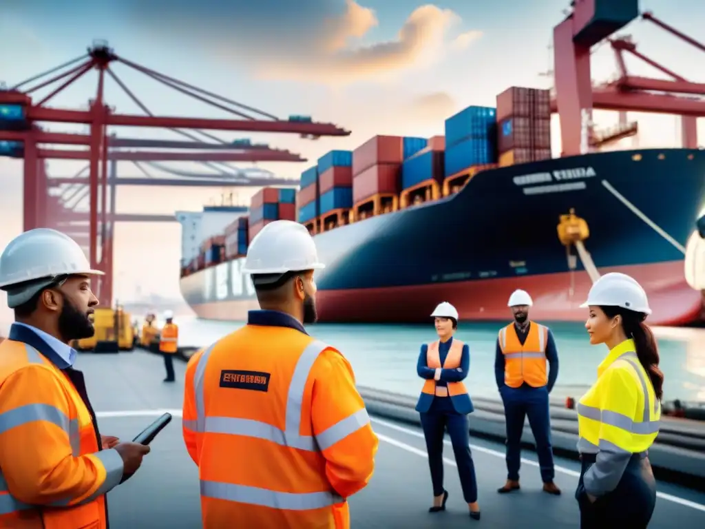 Profesionales de logística y transporte con Certificaciones en logística para transporte, coordinando en un puerto bullicioso