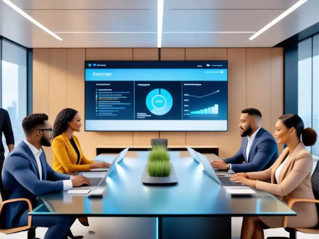Profesionales innovadores en reunión: CRM futurista Profesionales colaborando en una oficina moderna, mostrando la integración de tecnología en la Gestión de Relaciones Cliente potenciada