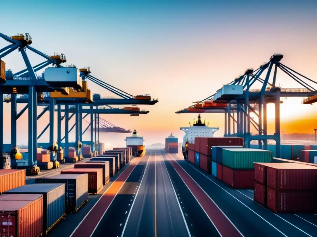 Portuario blockchain: eficiencia en logística de transporte Un puerto activo con carga y descarga de barcos, camiones listos y operarios coordinando