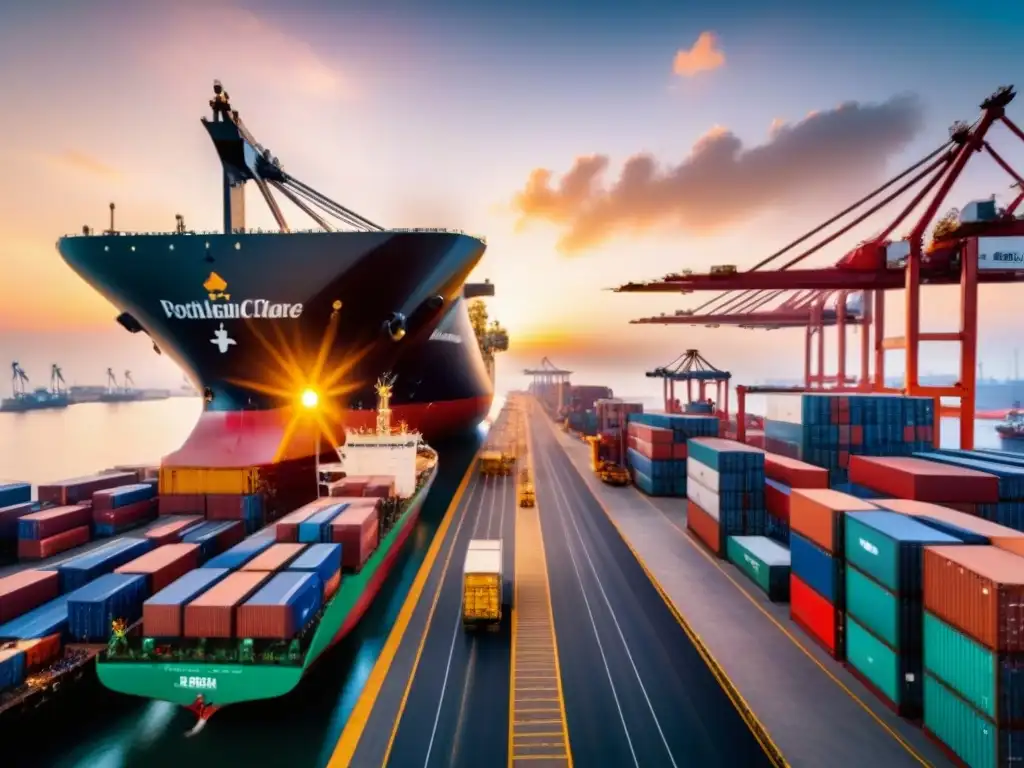 Logística portuaria en África al atardecer Un puerto africano bullicioso al atardecer con operaciones logísticas detalladas resaltando la seguridad y transparencia en la cadena de suministro