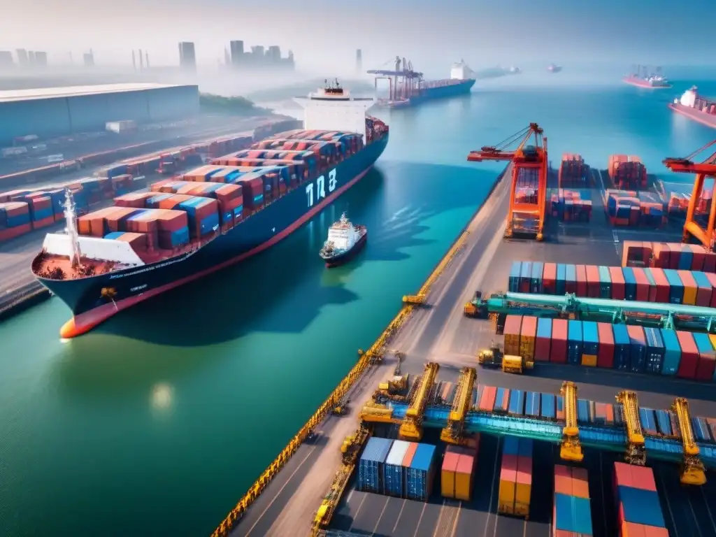 Logística portuaria en África: vitalidad y modernización Un puerto africano bullicioso, con barcos de carga, camiones y trabajadores en plena actividad