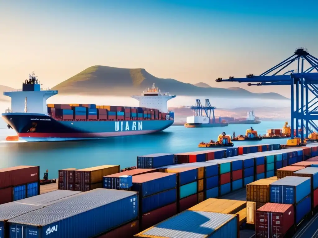 Operaciones logísticas en puerto africano: detallado y eficiente Un puerto africano bullicioso con cargamentos siendo movidos con precisión y rapidez