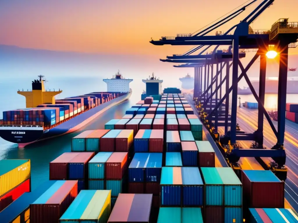 Logística africana: puerto blockchain en acción Un puerto africano bullicioso con contenedores y tecnología blockchain, fusionando tradición y modernidad al atardecer