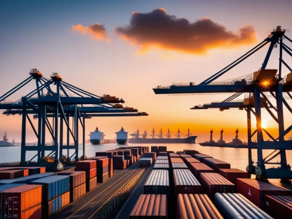 Puerto bullicioso al atardecer: operaciones de carga global Un puerto bullicioso al atardecer, con barcos de carga enormes y trabajadores diversos
