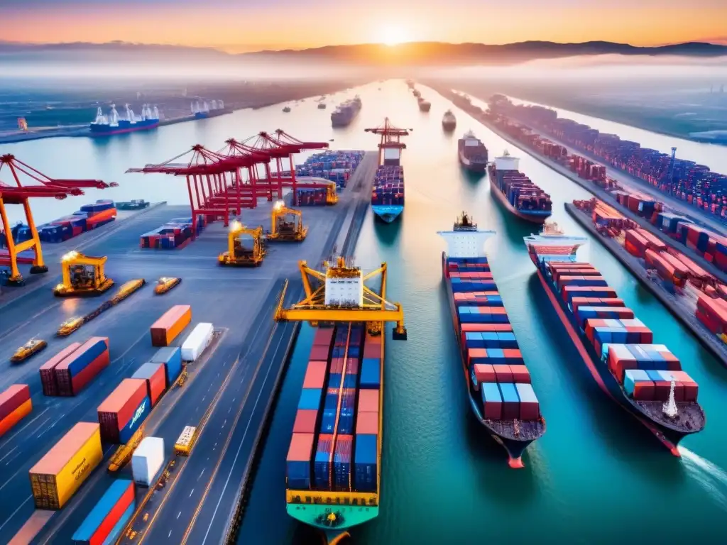 Puerto activo al atardecer: logística global en acción Un puerto bullicioso al atardecer: cargueros, contenedores y maquinaria trabajando en armonía