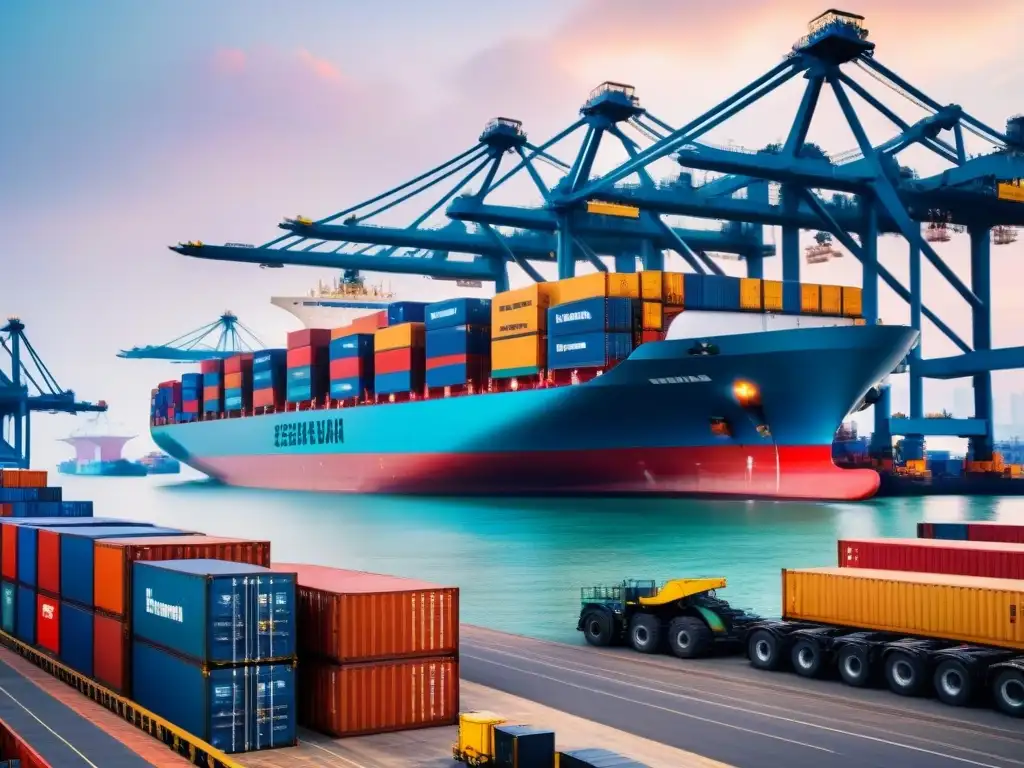 Puerto en Asia: Integración de IA en logística eficiente Puerto bullicioso en Asia, con avanzada tecnología y trabajadores ocupados, integrando la Inteligencia Artificial en logística asiática
