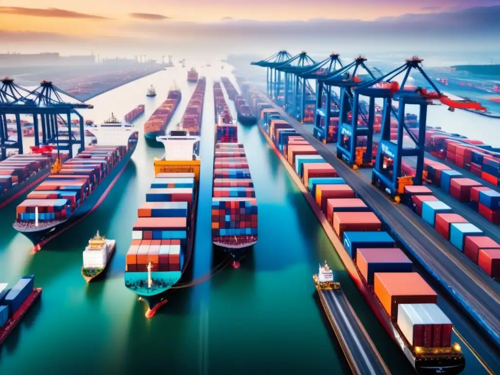Logística portuaria: flujo eficiente de carga global Un puerto bullicioso con barcos de carga, camiones y trenes en una red logística eficiente