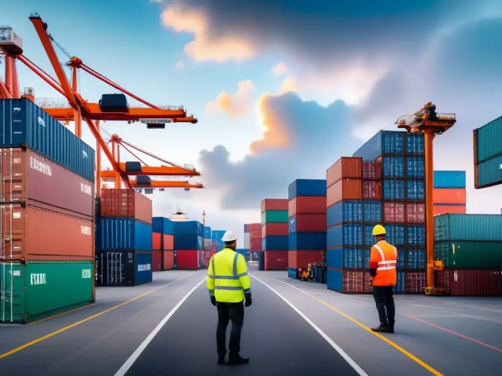 Operaciones portuarias: eficiencia y seguridad en la logística moderna Un puerto bullicioso con barcos de carga, grúas y contenedores coloridos destacando tendencias seguros logísticos innovadores