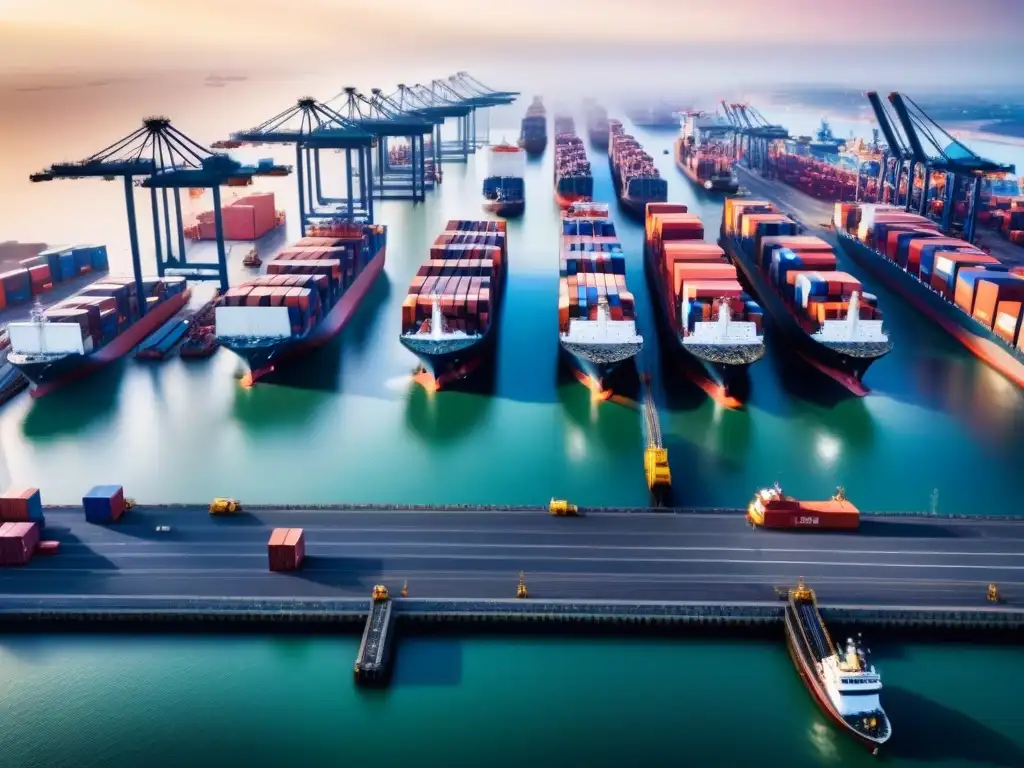 Caos organizado: Puerto lleno de actividad logística global Un puerto bullicioso con barcos cargueros, contenedores y camiones, reflejando la complejidad de las cadenas de suministro resilientes Big Data