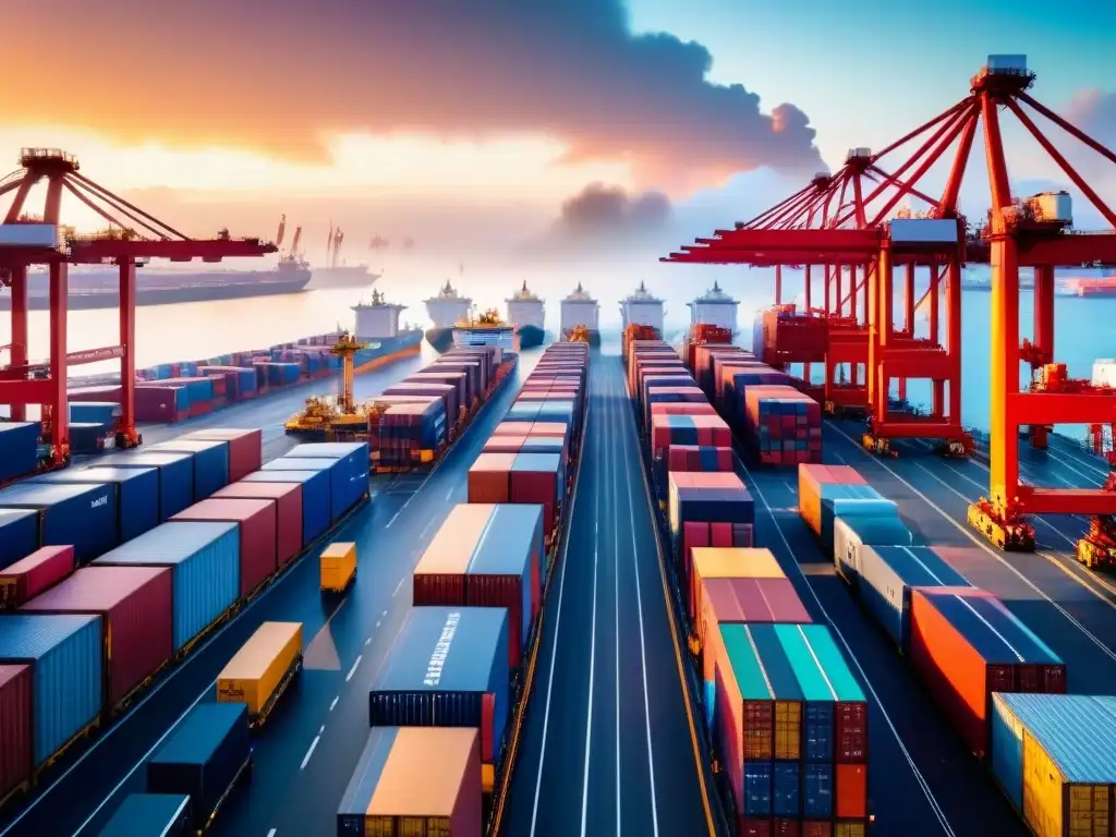 Hub logístico global: eficiencia y Big Data en acción Un puerto bullicioso con barcos cargueros, almacenes industriales y tecnología Big Data optimizando cadenas de suministro