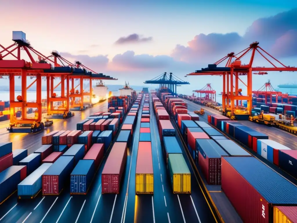 Terminal portuario: logística en acción Un puerto bullicioso con grúas cargando contenedores en cargueros, reflejando la integración de blockchain en logística de transporte
