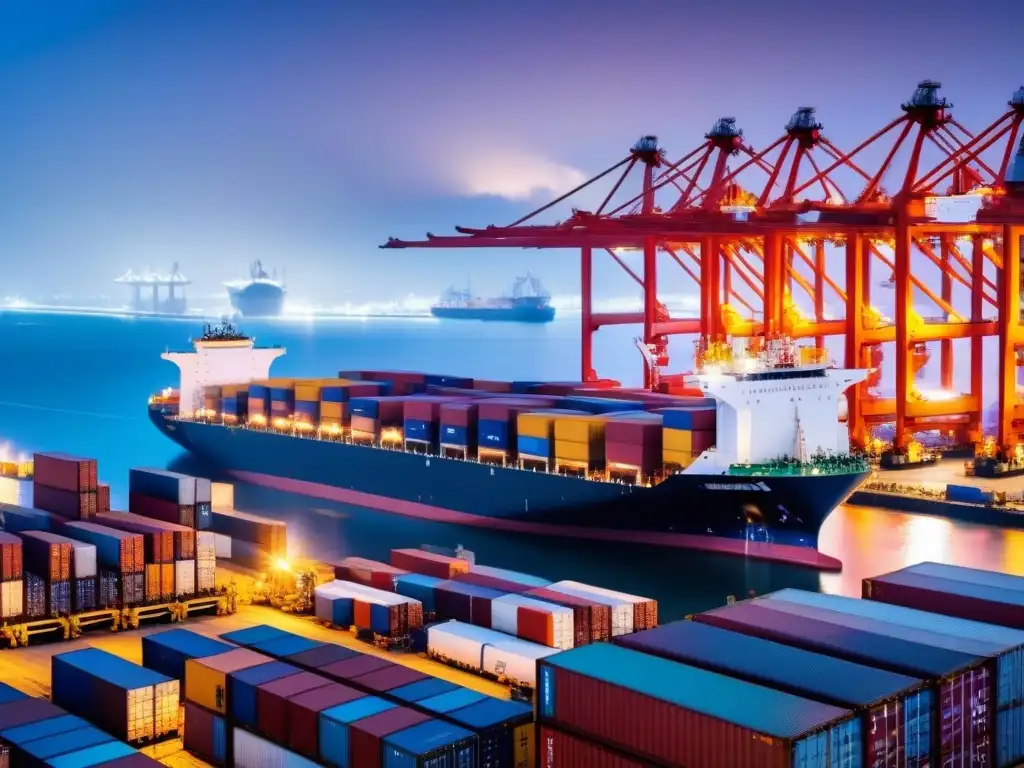Puerto de carga nocturno: escenario vibrante del comercio global Un puerto bullicioso de noche, iluminado por luces industriales, con barcos cargueros y grúas gigantes en movimiento