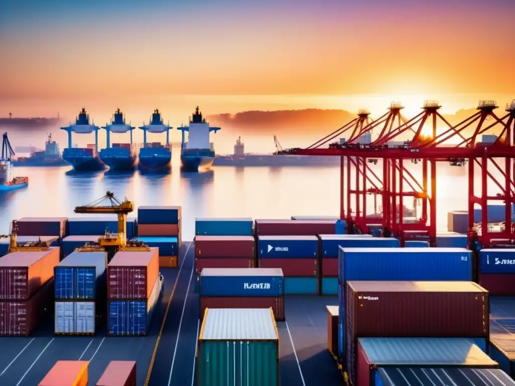 Portuario moderno: eficiencia y escala en carga y descarga Un puerto de carga bullicioso al amanecer, con enormes buques siendo cargados y descargados por trabajadores ocupados utilizando maquinaria avanzada