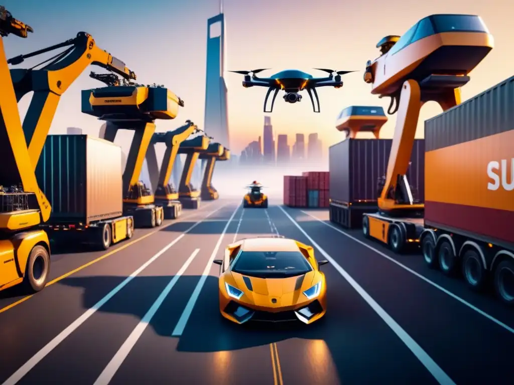Portuario futurista: drones y robots en acción al amanecer Un puerto de carga futurista bullicioso con drones y robots automatizados moviendo cargas de innovadores camiones y barcos, integrando la cadena de suministro en un entorno tecnológico avanzado