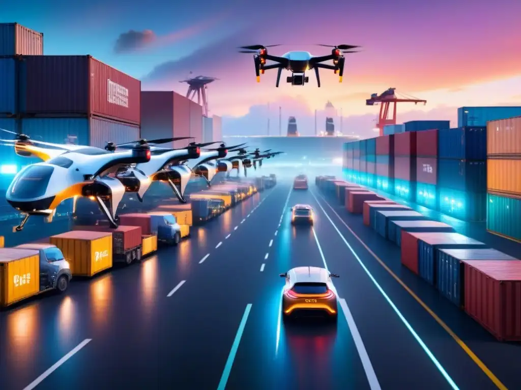 Puerto de carga futurista: drones y robots automatizados en acción Un puerto de carga futurista bullicioso con drones y robots, iluminado por luces de neón