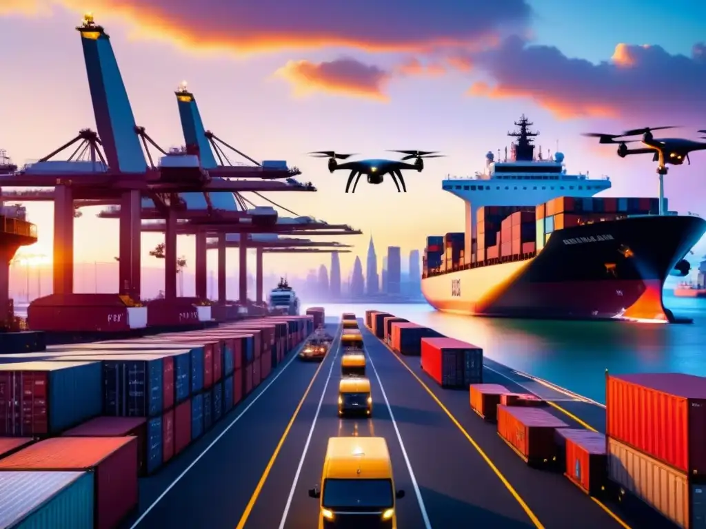 Portuario futurista: carga automatizada en puerto hightech Un puerto de carga futurista bullicioso con tecnología avanzada y trabajadores supervisando
