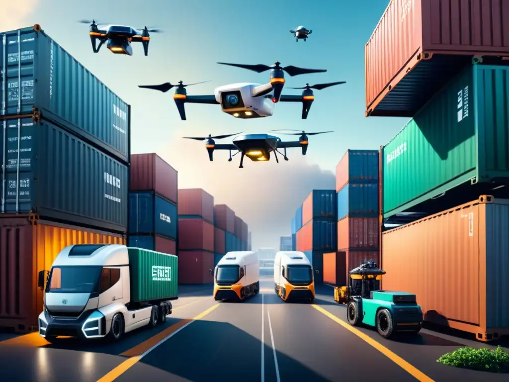 Puerto de carga futurista: innovación y sostenibilidad Un puerto de carga futurista, con camiones autónomos y drones