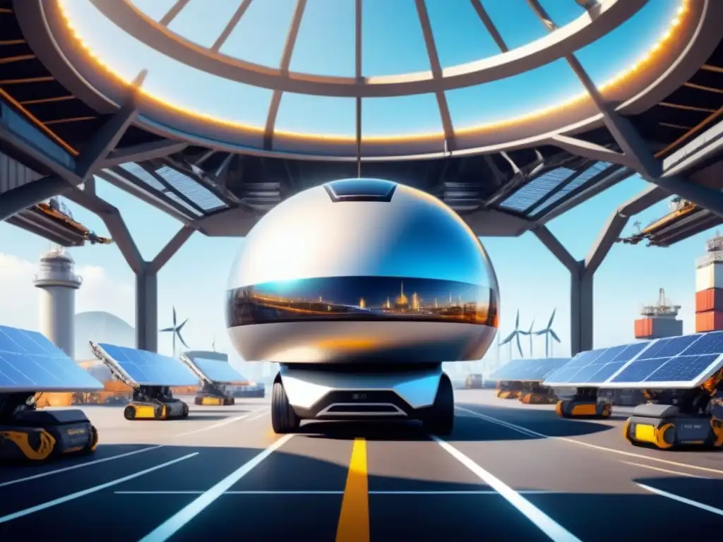 Puerto de carga futurista: drones y robots bajo domo transparente Un puerto de carga futurista y eficiente con drones y robots, bajo una cúpula transparente con energía sostenible