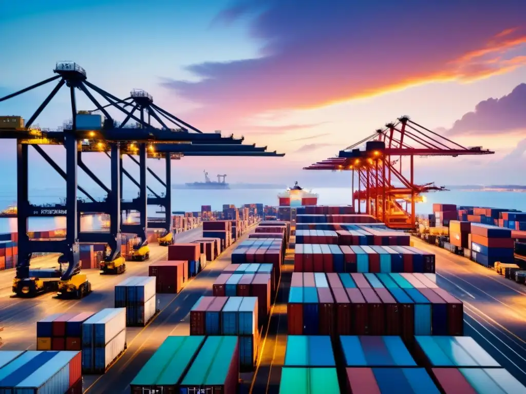 Puerto de carga global: eficiencia y escala al atardecer Un puerto de carga internacional bullicioso al atardecer, con barcos, trabajadores y grúas, refleja eficiencia y globalidad en logística