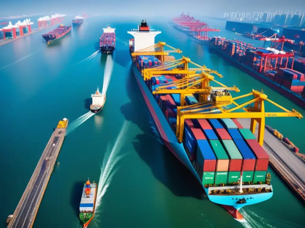 Puerto chino: eficiencia en transporte marítimo Un puerto chino bullicioso con tecnología en transporte marítimo, barcos cargados y coloridos contenedores