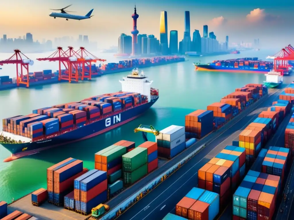 Puerto chino al amanecer: comercio marítimo y tecnología verde en armonía Un puerto chino bullicioso al amanecer, donde se mezcla la tradición con la tecnología transporte marítimo China