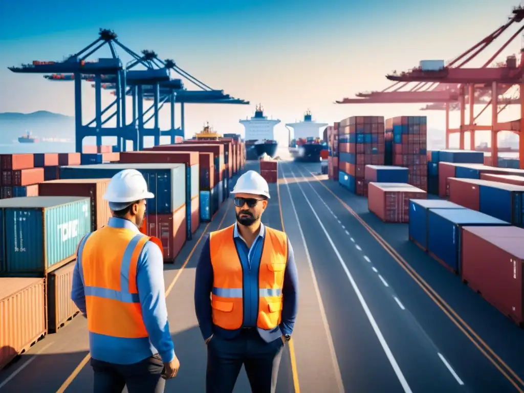 Puerto de comercio internacional: logística eficiente y conexiones globales Un puerto comercial bullicioso con barcos cargados, contenedores apilados y trabajadores coordinando la logística bajo un cielo azul