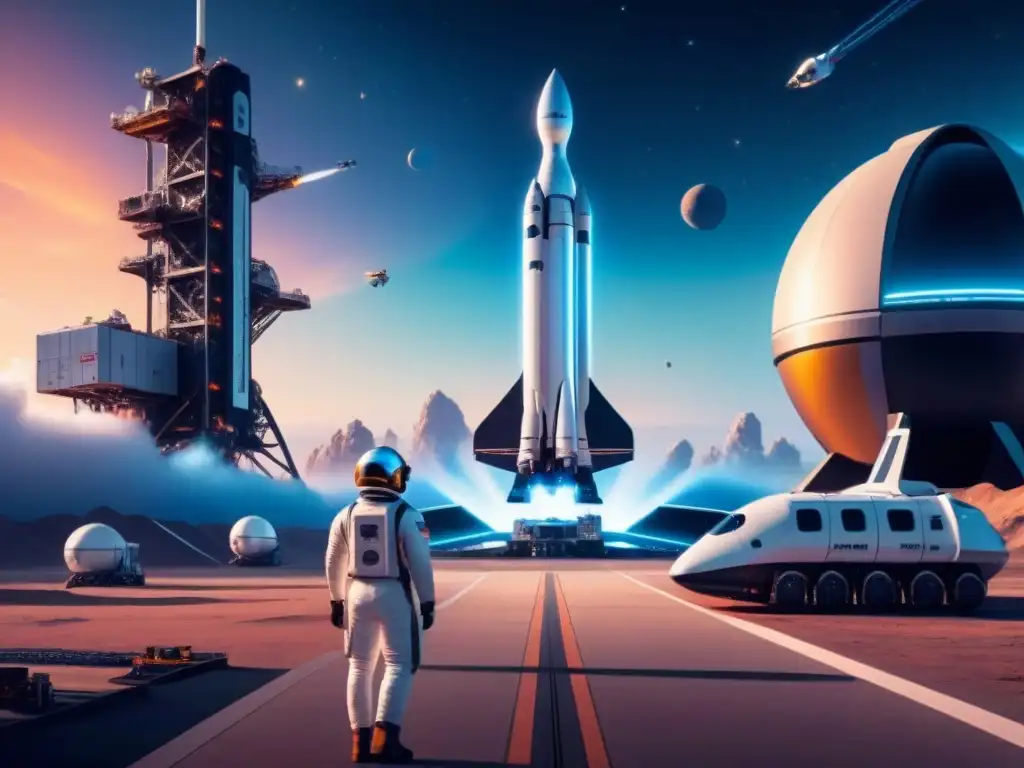 Spaceport futurista: logística avanzada en la Tierra y más allá Un puerto espacial futurista, con naves y trabajadores en uniformes tecnológicos, integrando logística espacial impacto industrias terrestres