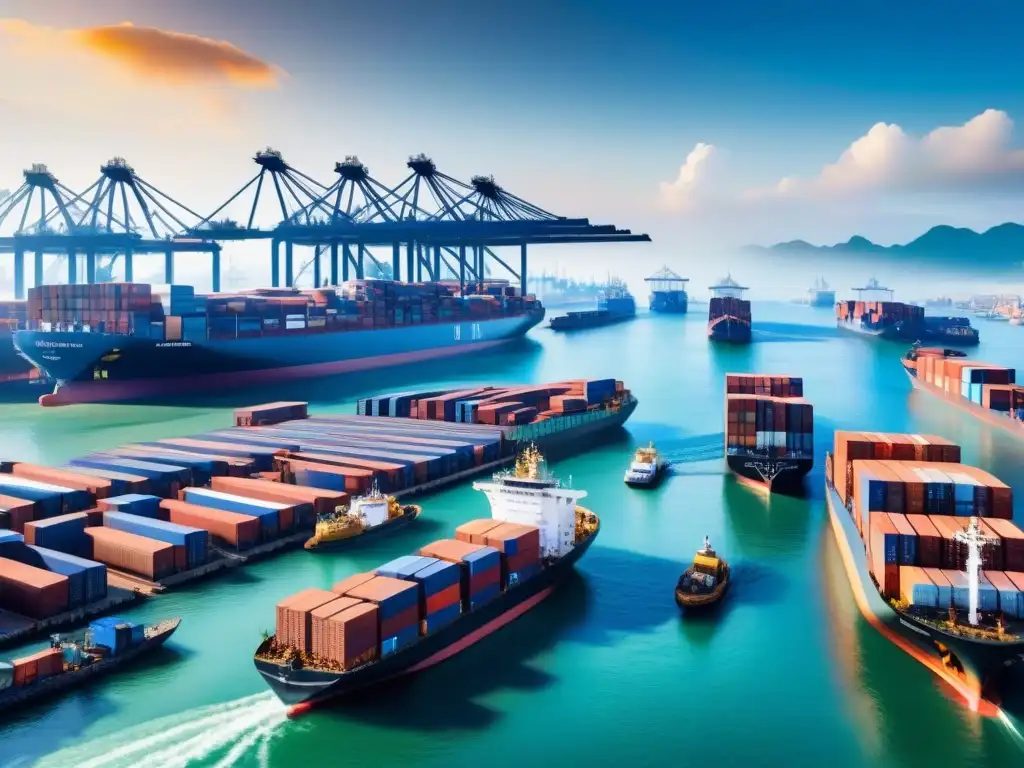 Logística innovadora en un puerto indonesio: tradición y modernidad Un puerto indonesio bullicioso con trabajadores ocupados cargando y descargando barcos bajo el sol abrasador, destacando la logística innovadora en Indonesia
