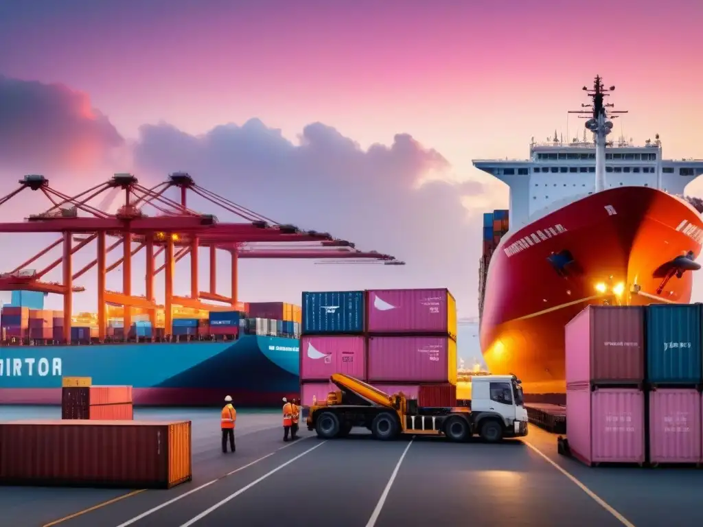 Amanecer en puerto industrial: eficiencia y comercio global Puerto industrial activo al amanecer, con buques de carga, grúas y trabajadores