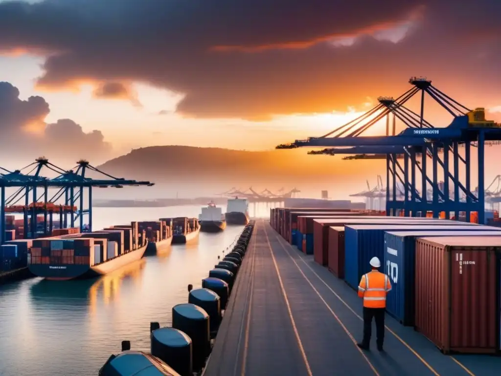 Puerto industrial al atardecer: actividad frenética y belleza natural Un puerto industrial bullicioso al atardecer, cargueros y grúas trabajan mientras el sol se pone, mostrando la gestión de riesgos en logística
