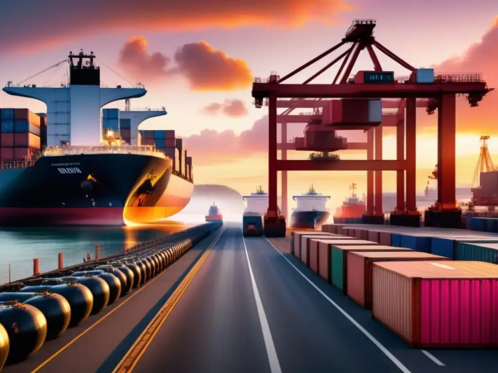 Puerto industrial al atardecer: carga de biofuels en 8k Un puerto industrial bullicioso al atardecer cargando biocombustibles, reflejando eficiencia en transporte verde