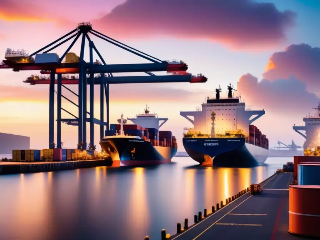 Puerto industrial al amanecer: eficiencia y colaboración en acción Puerto industrial bullicioso al amanecer, con barcos cargueros y trabajadores, destacando la interoperabilidad en sistemas logísticos