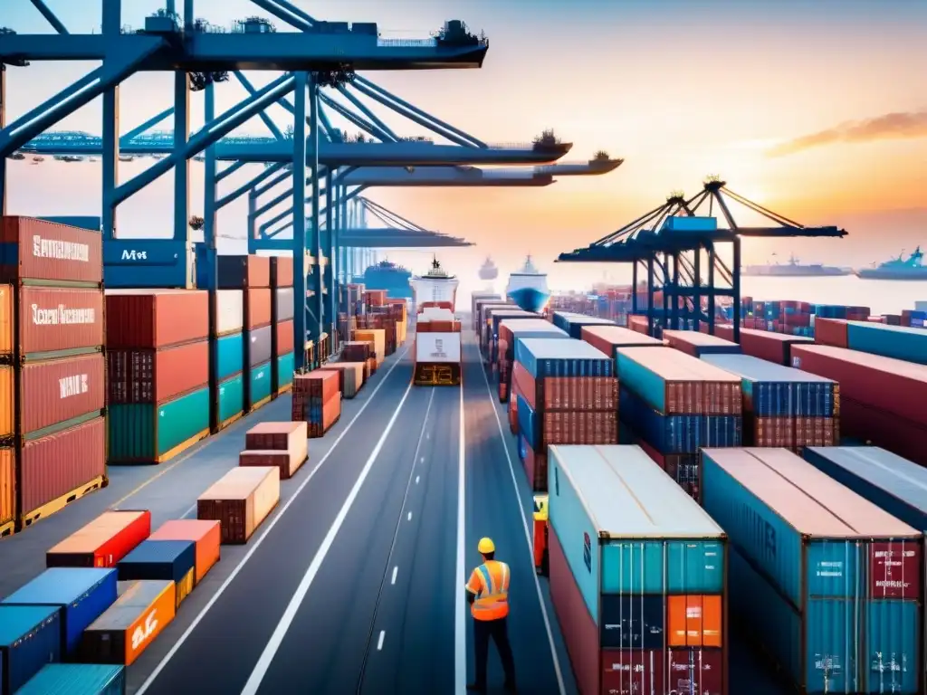 Operaciones logísticas globales: Puerto de carga internacional bullicioso Un puerto internacional ajetreado con cargueros y trabajadores, destacando la complejidad de las regulaciones internacionales para startups logística