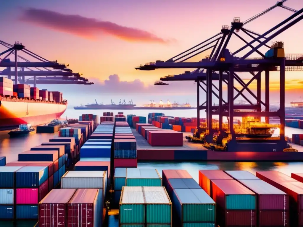 Escena portuaria al atardecer: logística global en acción Un puerto internacional bullicioso al atardecer, con grúas cargando y descargando barcos, contenedores apilados y trabajadores activos