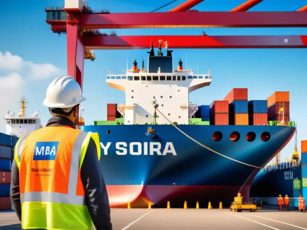 Embarque de contenedores en puerto internacional Un puerto internacional bullicioso, un barco carguero lleno de contenedores coloridos bajo un cielo azul