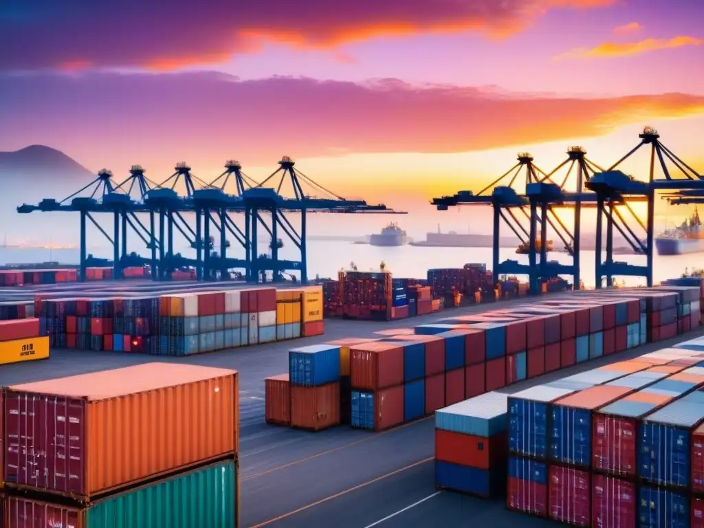 Amanecer en puerto internacional: comercio global en acción Un puerto internacional bullicioso al amanecer, con barcos cargueros enormes y grúas levantando contenedores coloridos contra un cielo naranja y rosa