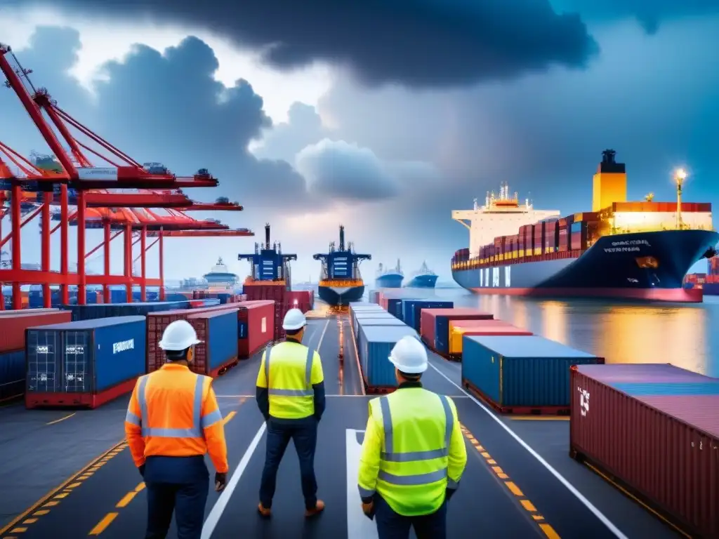 Puerto internacional en movimiento: desafíos y oportunidades logísticas Un puerto internacional bullicioso, con barcos cargados, grúas y camiones