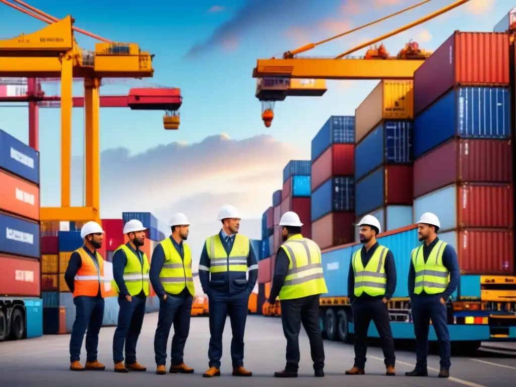 Puerto de carga global: operaciones logísticas eficientes Un puerto internacional bullicioso con carga, grúas, contenedores, trabajadores y camiones