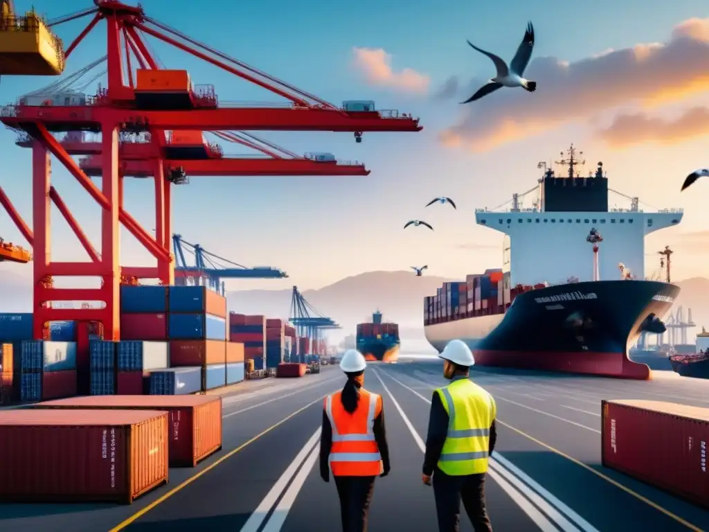 Puerto de comercio internacional: operaciones logísticas en alta mar Un puerto internacional bullicioso con cargueros, grúas y contenedores, bajo un cielo despejado