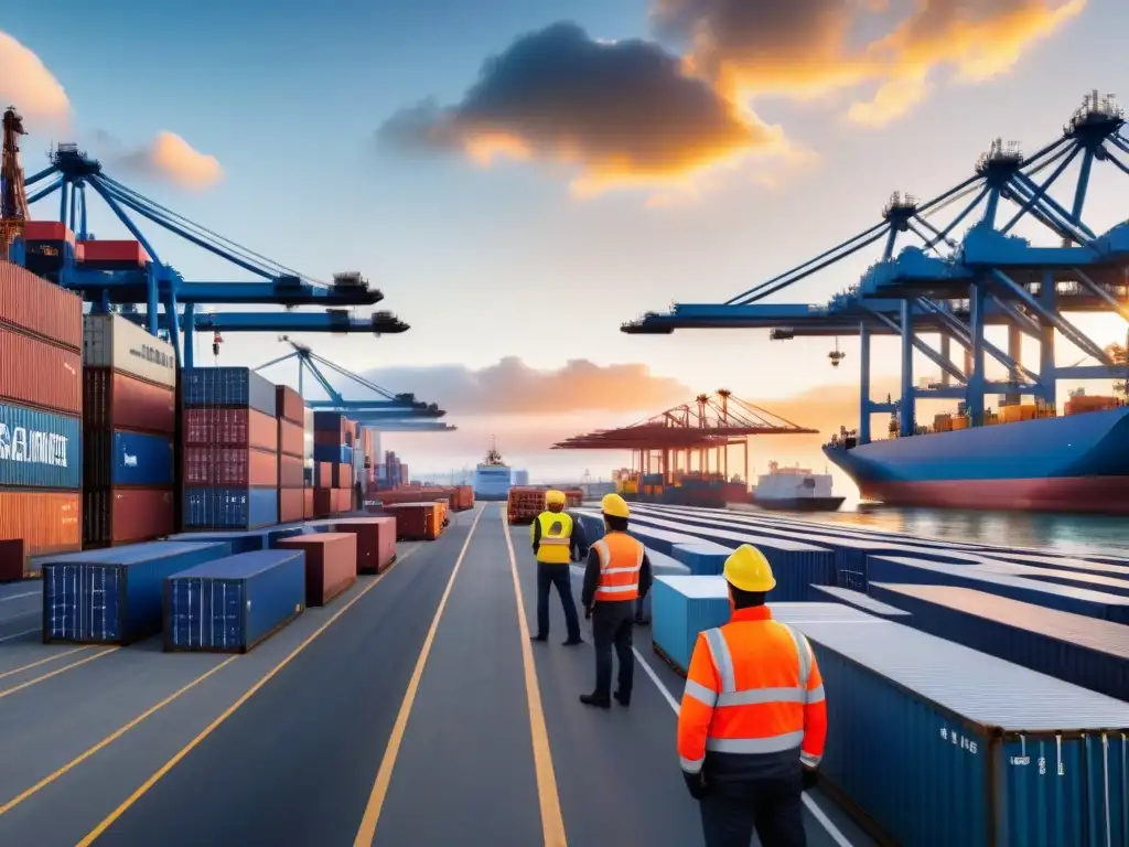 Puerto de carga global: operaciones en pleno auge Un puerto internacional bullicioso con certificaciones logística oportunidades globales, trabajadores activos y carga masiva