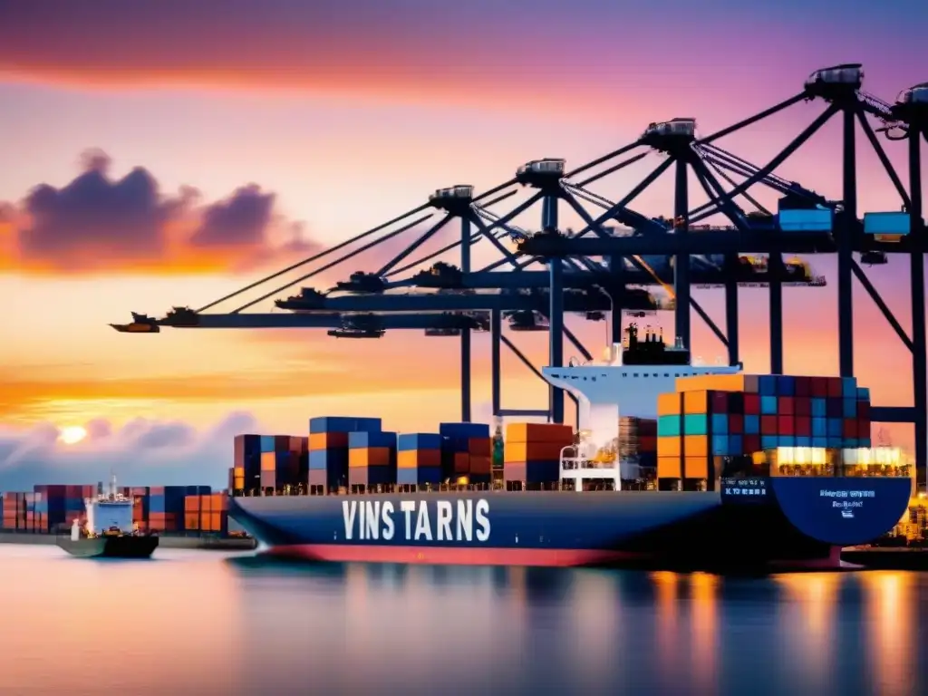 Portuario internacional en atardecer vibrante Un puerto internacional bullicioso con contenedores de carga variados moviéndose entre barcos, grúas y un atardecer vibrante