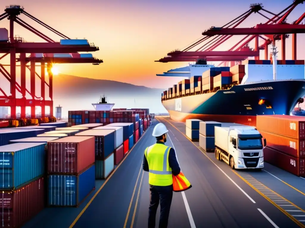 Operaciones logísticas en puerto internacional al amanecer Un puerto marítimo internacional bullicioso con eficiencia en logística innovadora al amanecer