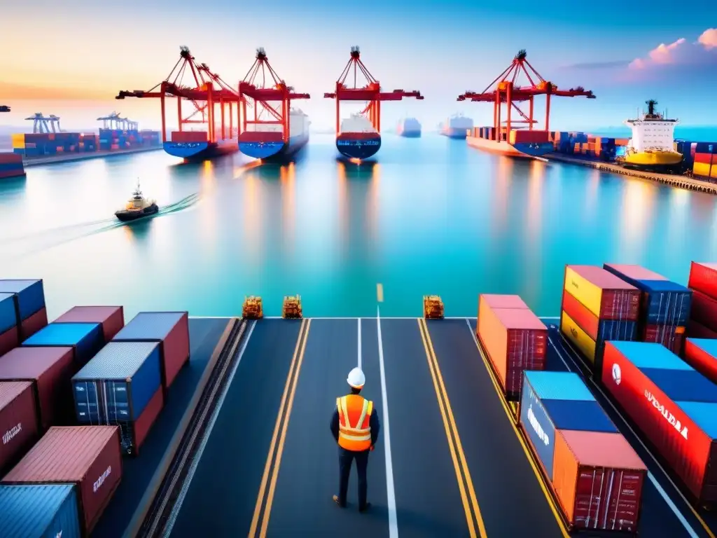 Portuario internacional: operaciones logísticas eficientes Un puerto internacional bullicioso con grúas enormes cargando y descargando contenedores coloridos de barcos de carga masivos, mientras camiones y trenes esperan transportar mercancías a su próximo destino