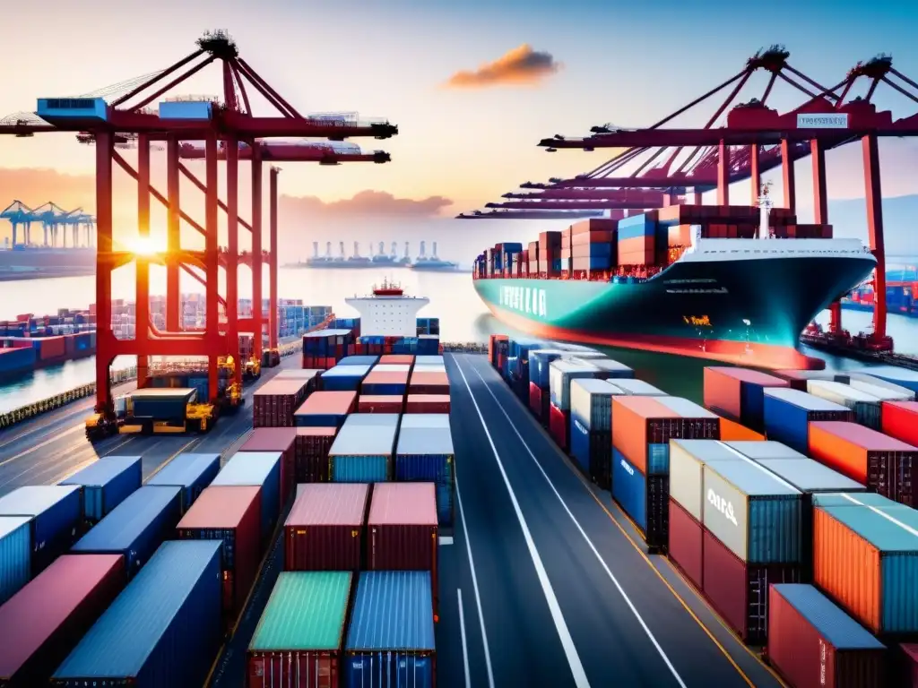 Puerto internacional: flujo global de mercancías Un puerto internacional bullicioso, con trabajadores cargando enormes barcos