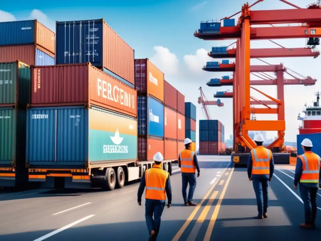 Puerto internacional: operaciones de carga en acción Un puerto internacional bullicioso, con trabajadores cargando barcos y grúas moviendo contenedores