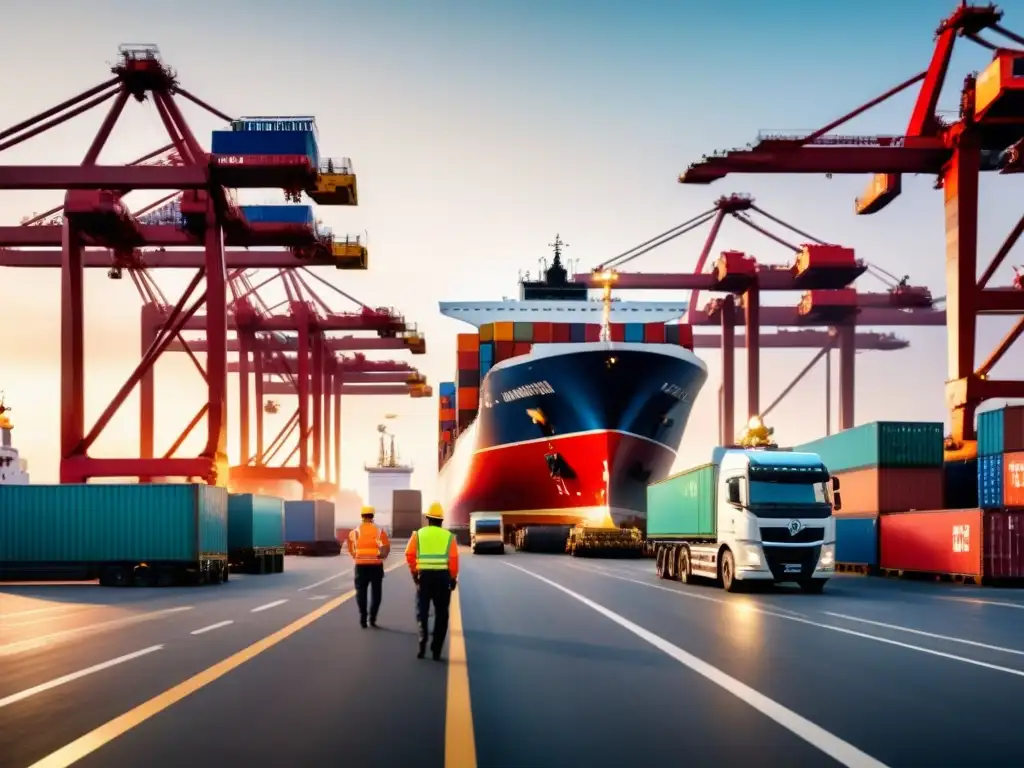 Portuario internacional: logística global en acción Un puerto internacional bullicioso con trabajadores cargando y descargando barcos de carga, grúas y camiones listos para transportar mercancías