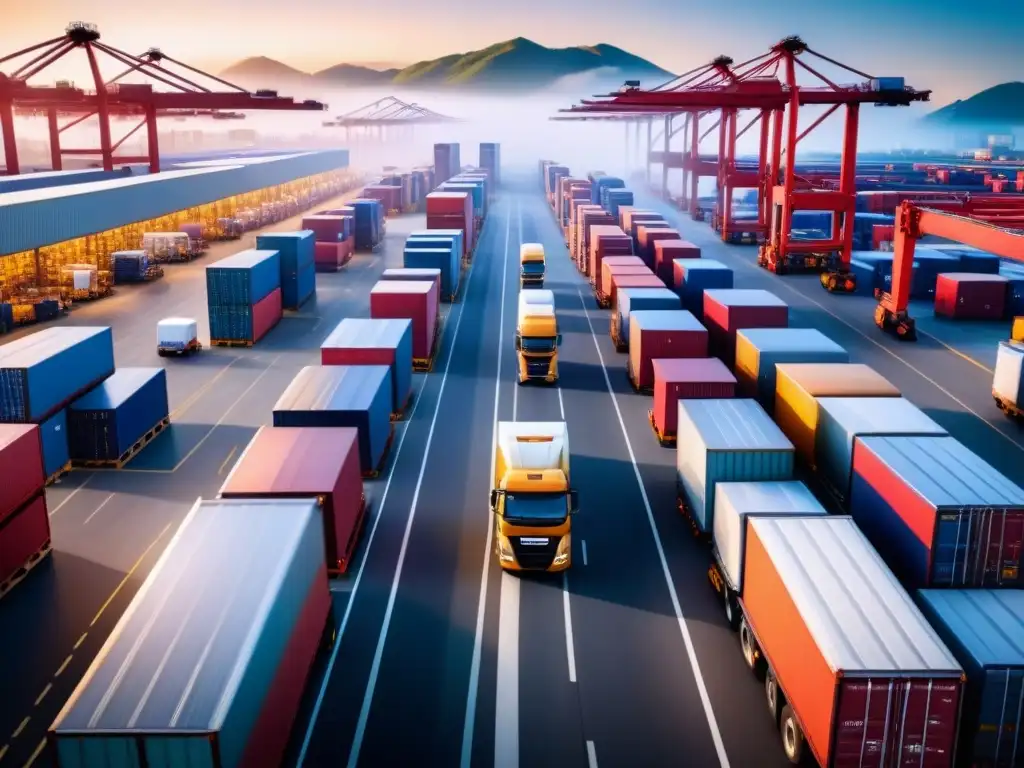 Complejidad logística: red global de suministros en acción Una red global de logística en acción: almacenes, camiones, trabajadores y gestión de riesgos en logística